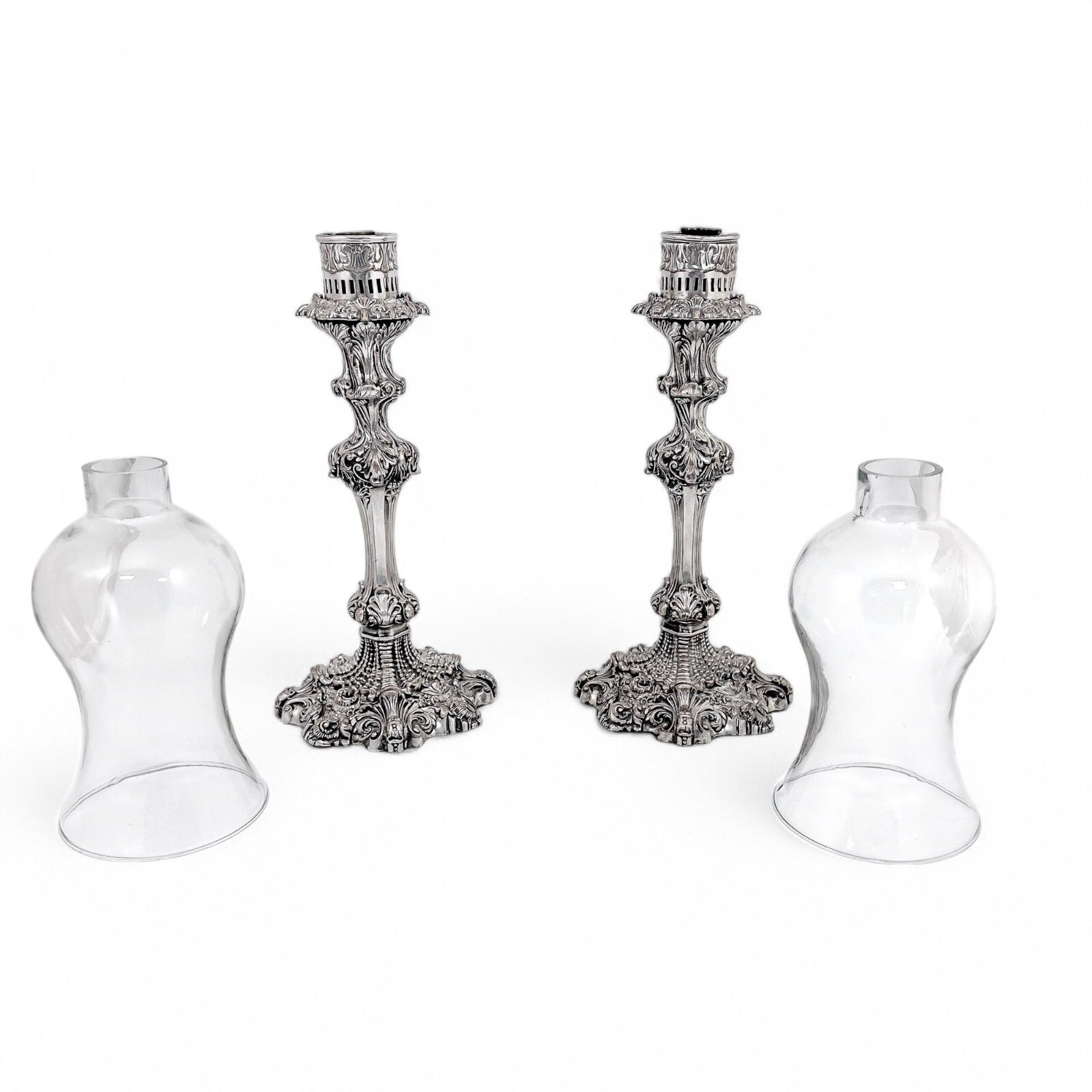 Antique 1790's Old Sheffield Plate Tall Candlesticks With Hurricane Glass Shades photo Home Decor