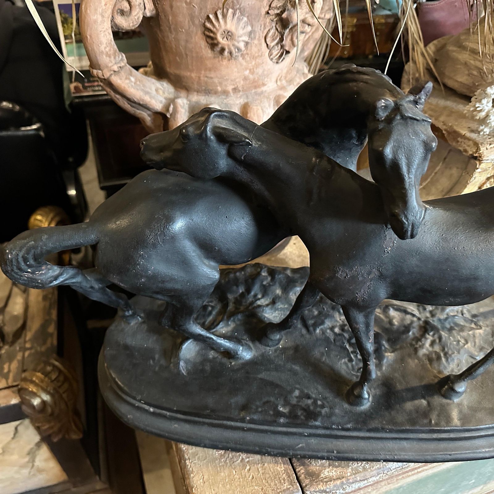 1920s Hand Crafted Black Painted Terracotta Italian Figure Of Two Horses photo furniture