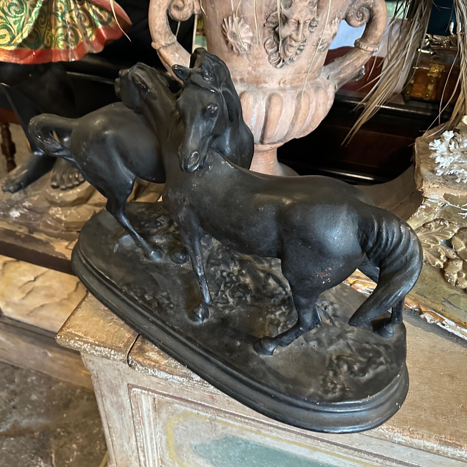1920s Hand Crafted Black Painted Terracotta Italian Figure Of Two Horses photo for sale