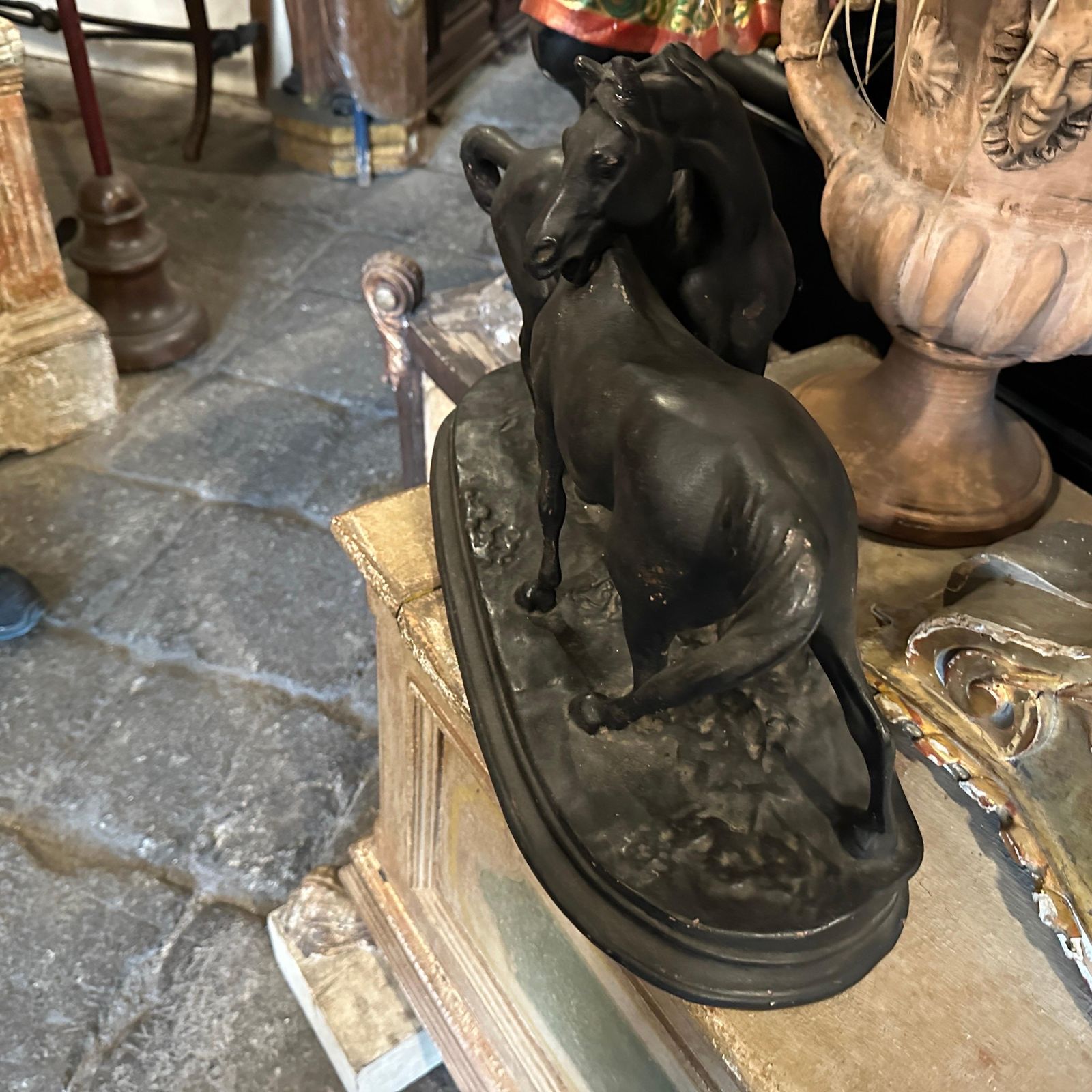 photo furniture 1920s Hand Crafted Black Painted Terracotta Italian Figure Of Two Horses