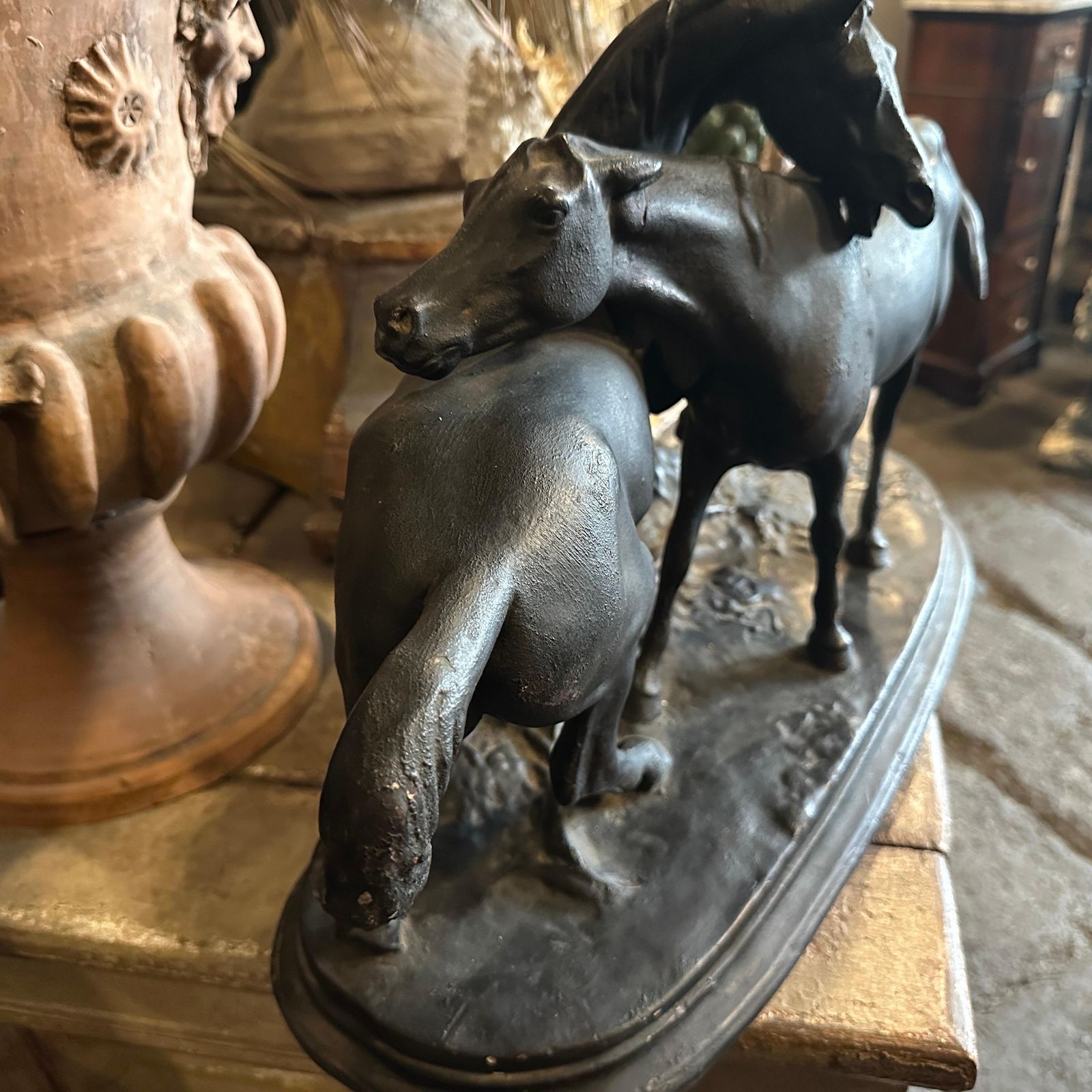 Art 1920s Hand Crafted Black Painted Terracotta Italian Figure Of Two Horses photo