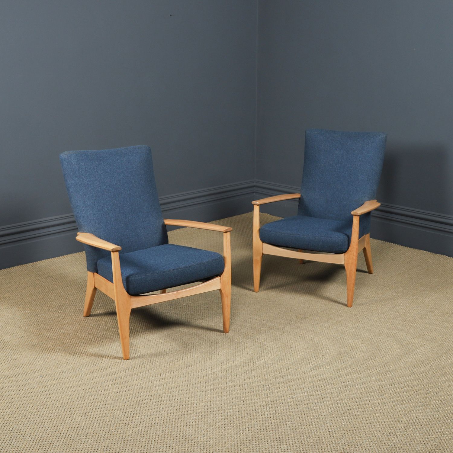Vintage English Pair Of Parker Knoll Beech Blonde Armchairs / Chairs Blue Wool Upholstery Model Pk 873/4 (Circa 1970)