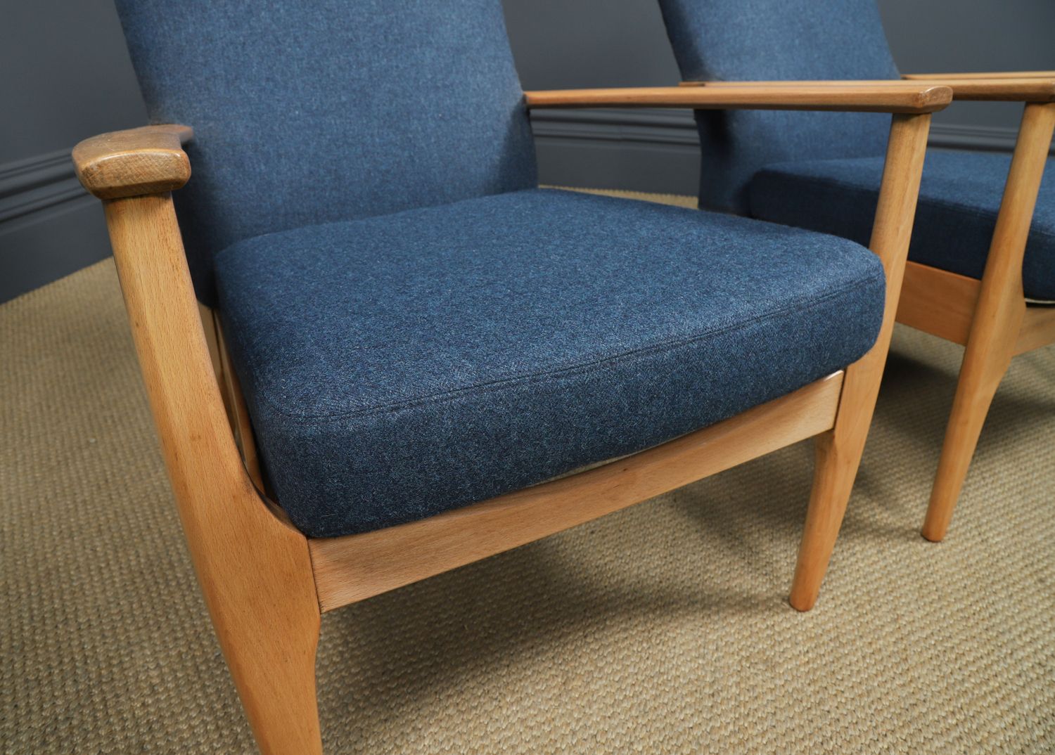 Vintage English Pair Of Parker Knoll Beech Blonde Armchairs / Chairs Blue Wool Upholstery Model Pk 873/4 (Circa 1970) photo 1695.0