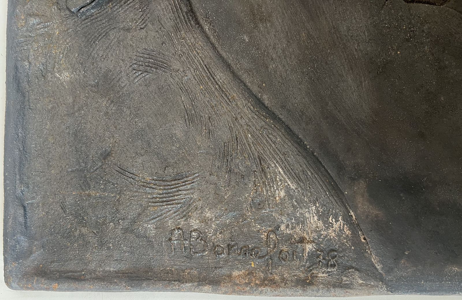 photo for sale Cast Iron Fireplace Plate Depicting A Naked Woman Signed Bonnefoit, 1978