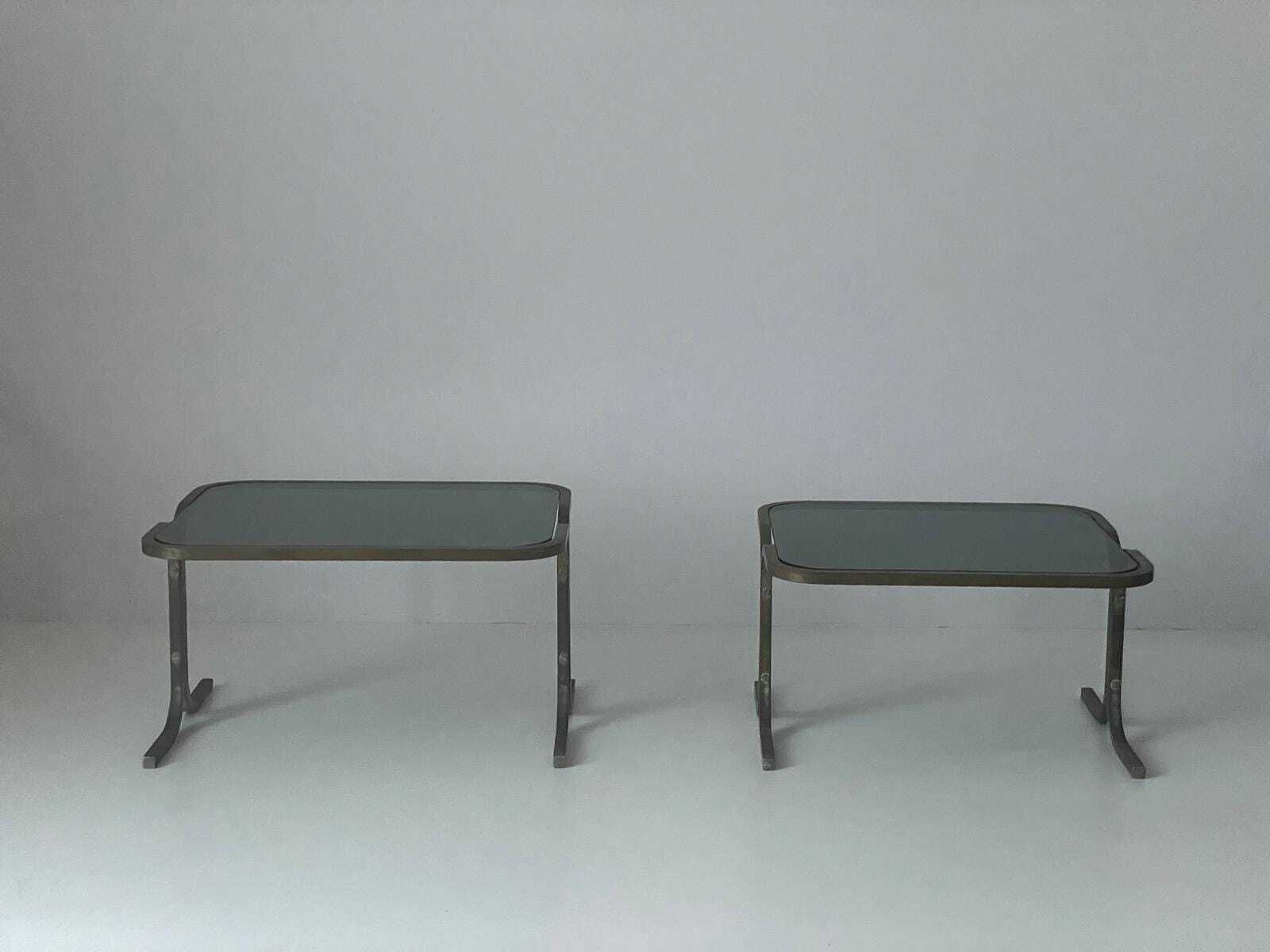 photo for sale Mid Century Modern Green Glass Top And Brass Body Pair Of Side Tables, 1950s, Italy