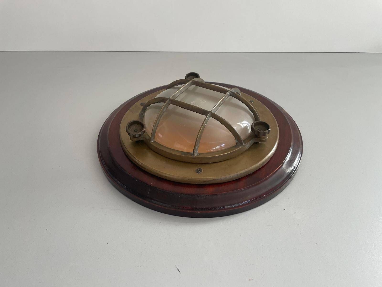 Brass And Glass Ship Wall Or Ceiling Light With Wood Base, 1960s, Italy