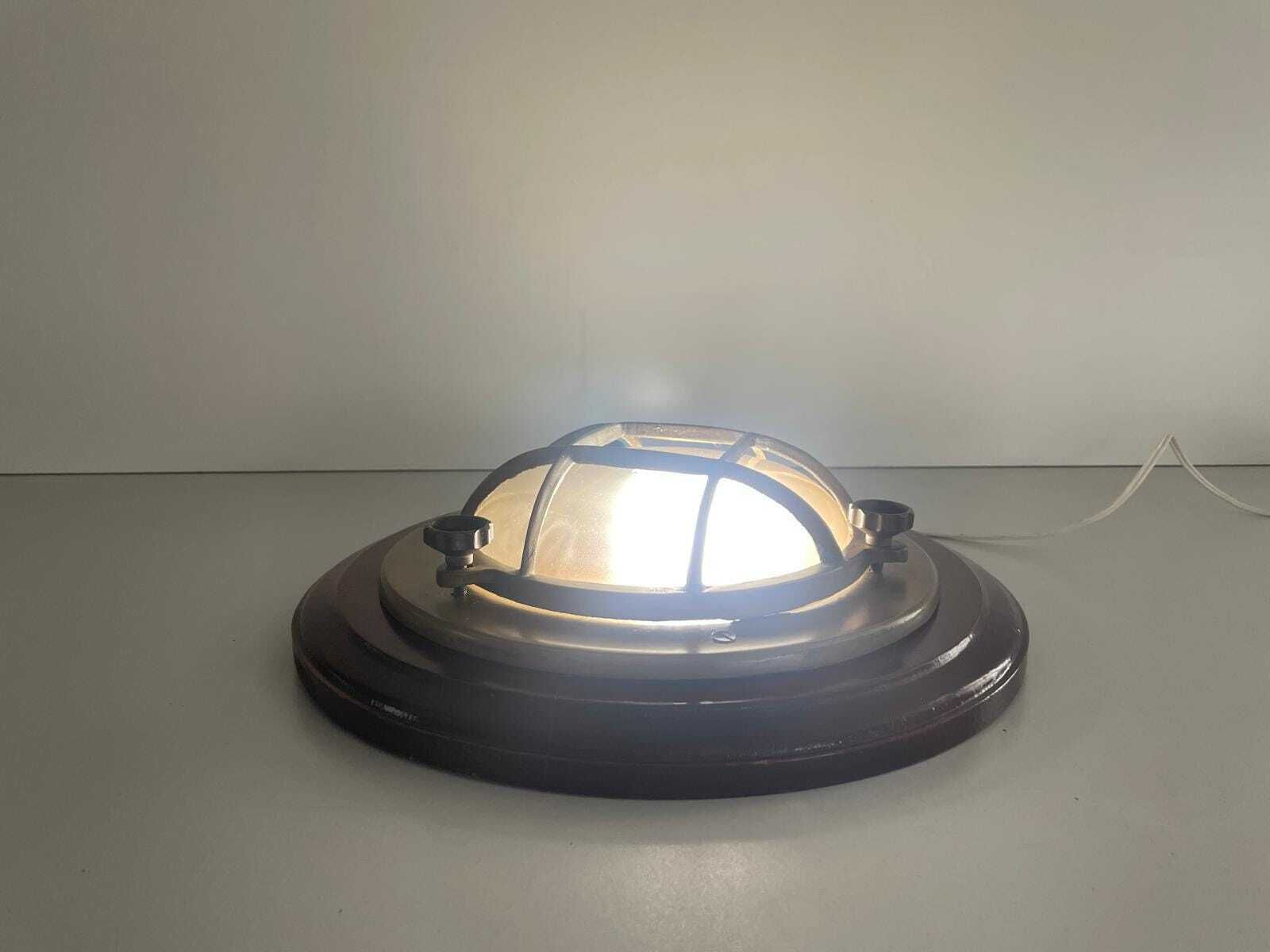Brass And Glass Ship Wall Or Ceiling Light With Wood Base, 1960s, Italy photo for sale