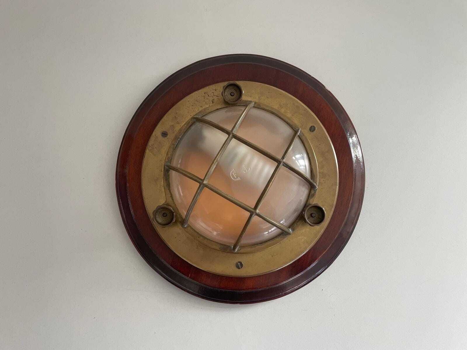 Brass And Glass Ship Wall Or Ceiling Light With Wood Base, 1960s, Italy photo 867.0