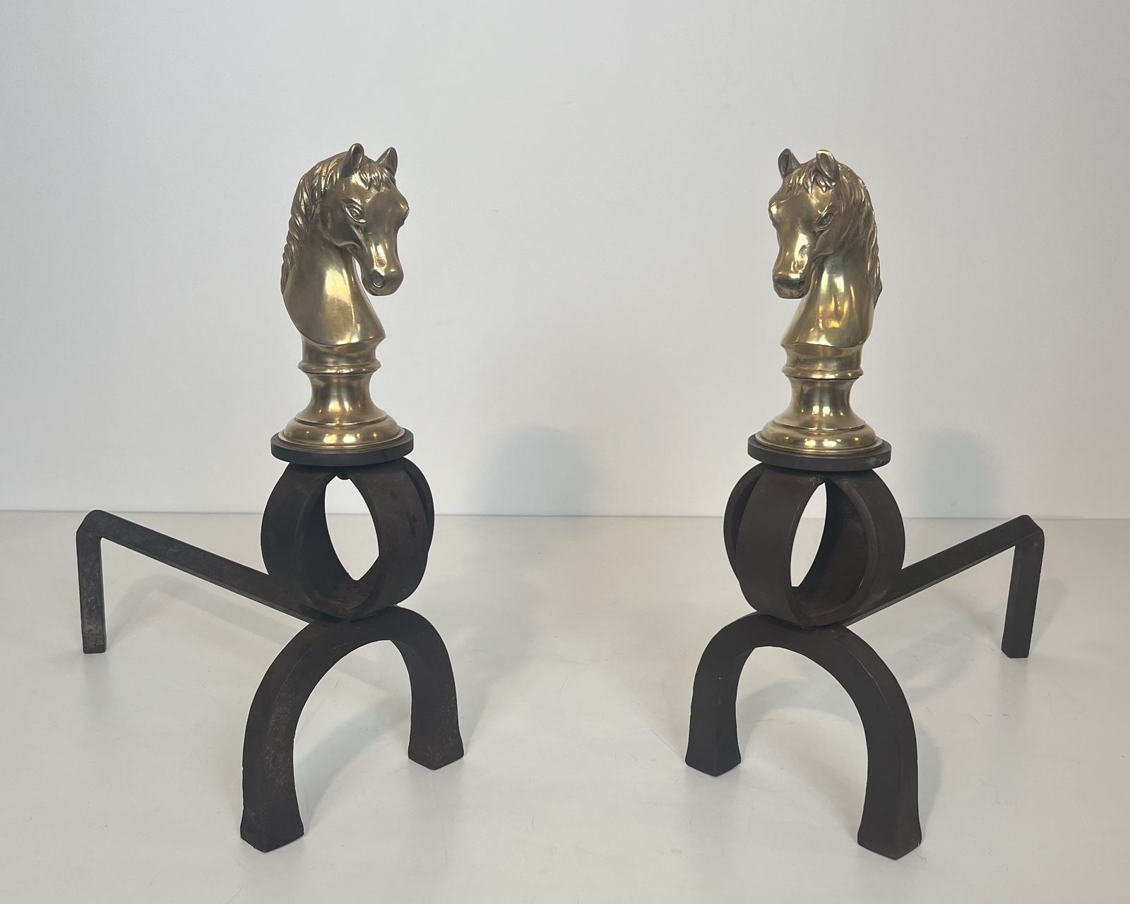 Important Pair Of Bronze And Wrought Iron Andirons Representing Horses' Heads