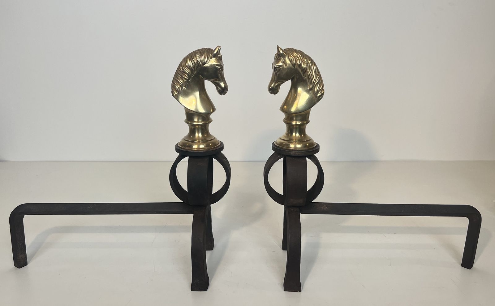 Important Pair Of Bronze And Wrought Iron Andirons Representing Horses' Heads photo Home Fixtures