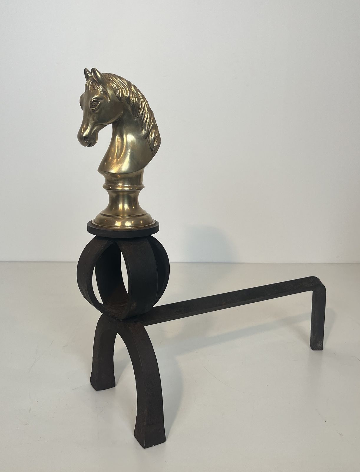 Important Pair Of Bronze And Wrought Iron Andirons Representing Horses' Heads photo buy