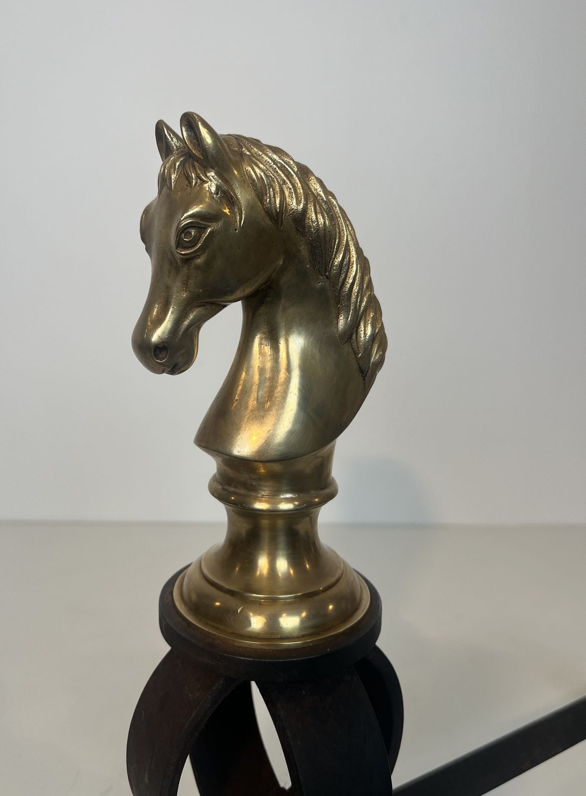 Important Pair Of Bronze And Wrought Iron Andirons Representing Horses' Heads photo vintage