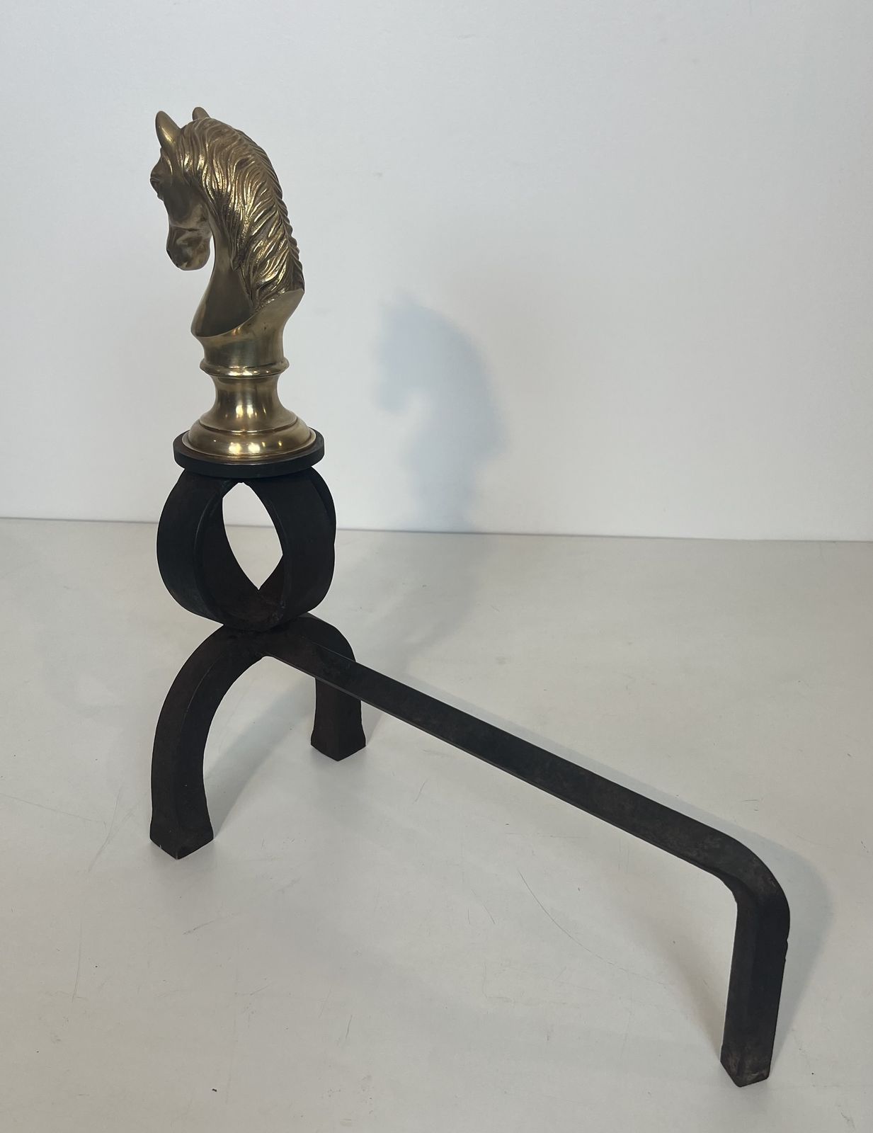 Home Fixtures Important Pair Of Bronze And Wrought Iron Andirons Representing Horses' Heads photo