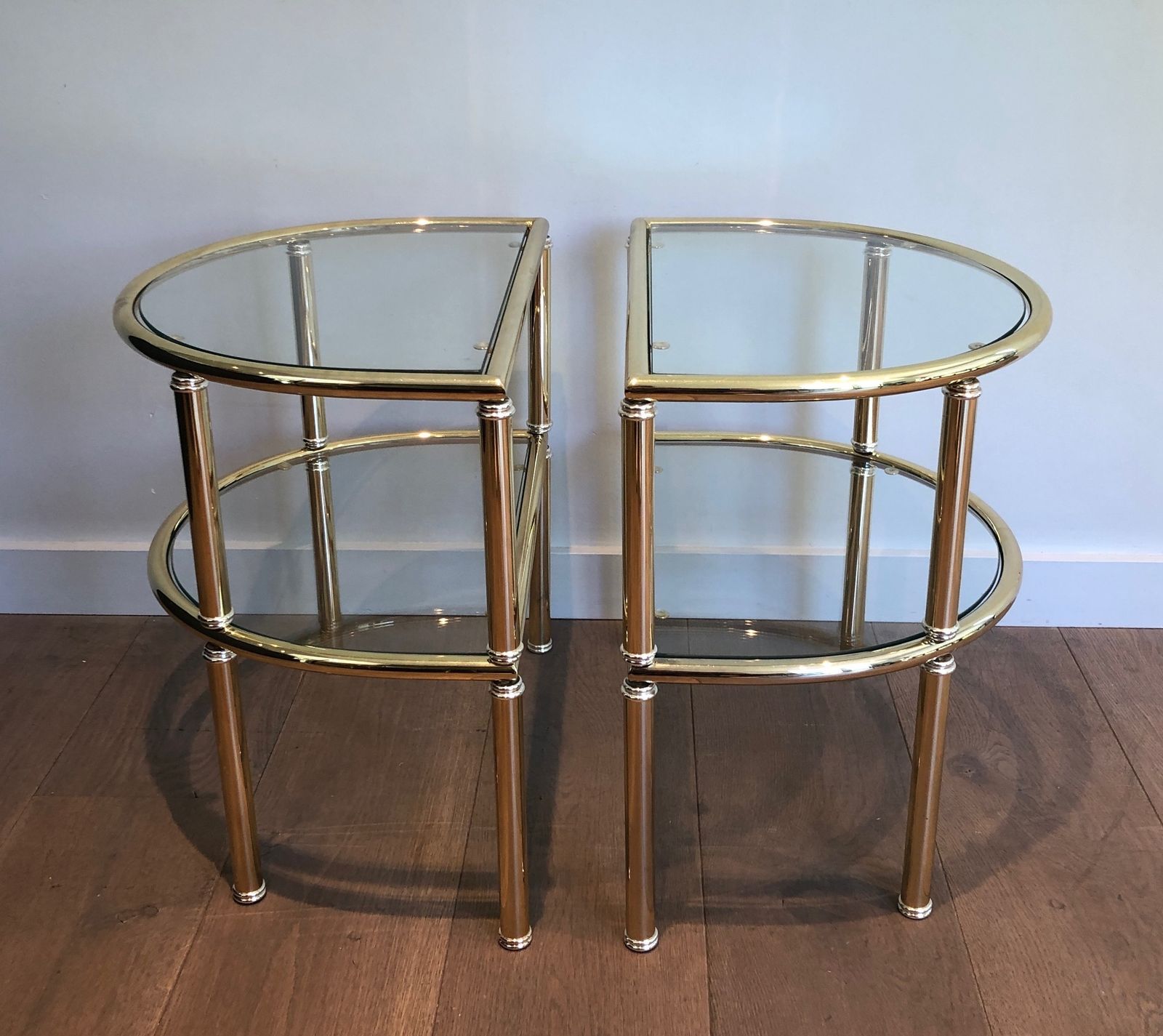 Pair Of Rounded Brass And Silver Metal Sofa End Tables photo for sale