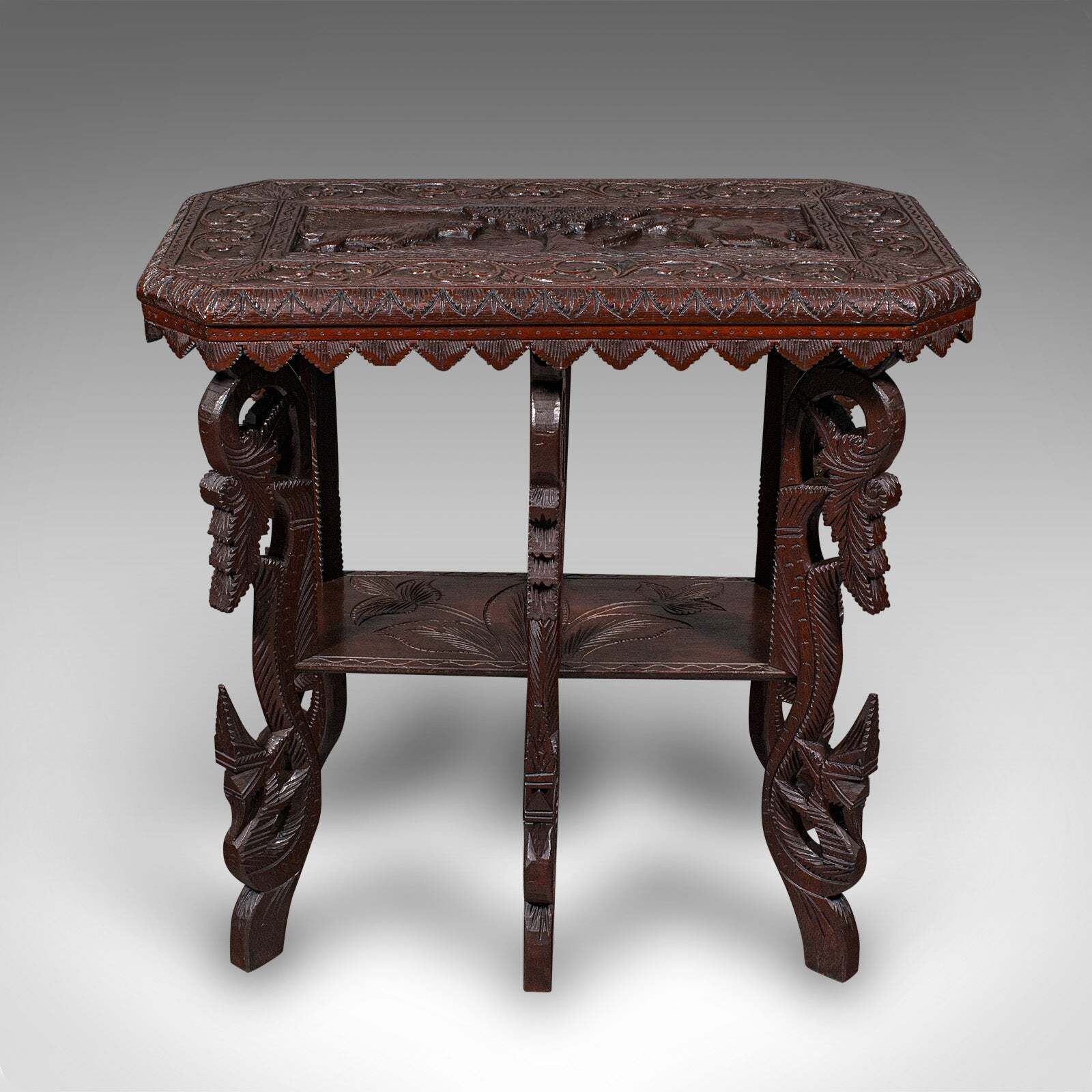 Antique Carved Side Table, Indian, Teak, Lamp, Side, Tray, Occasional, Victorian photo furniture