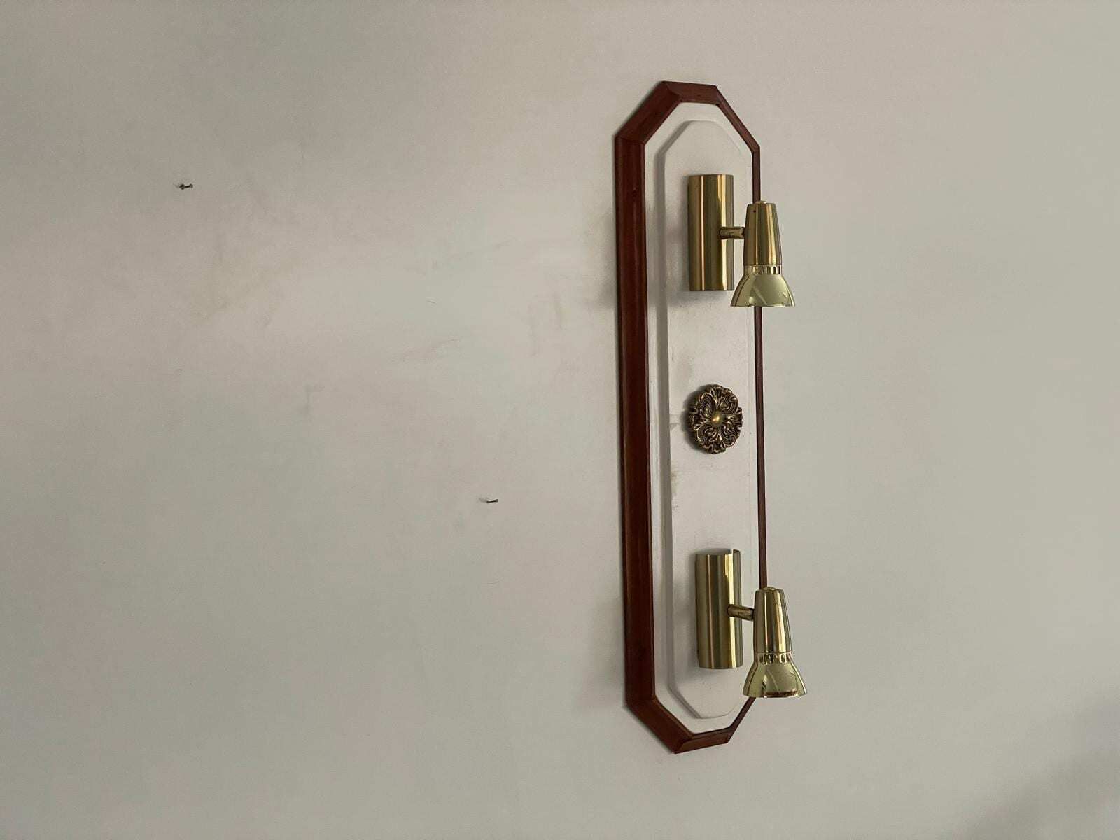 Wood Base Vertical Wall Lamp With 2 Gold Metal Lights, 1960s, Italy photo furniture