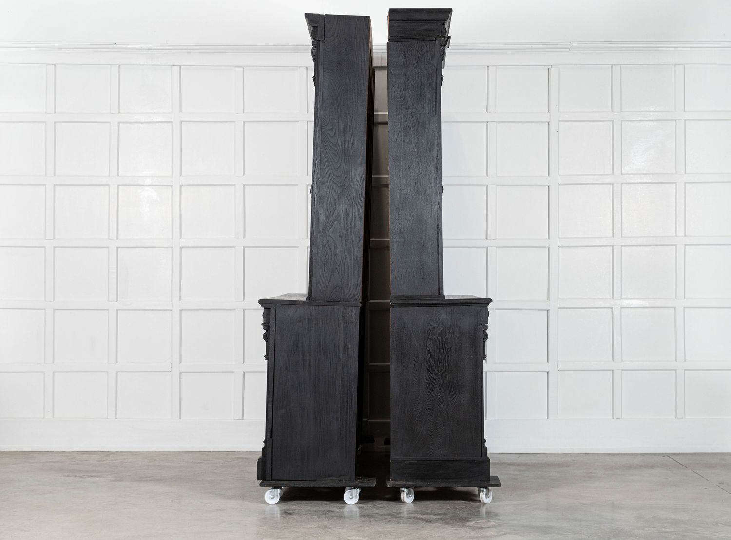 Pair Large 19thc English Ebonised & Bleached Carved Oak Bookcases photo for sale