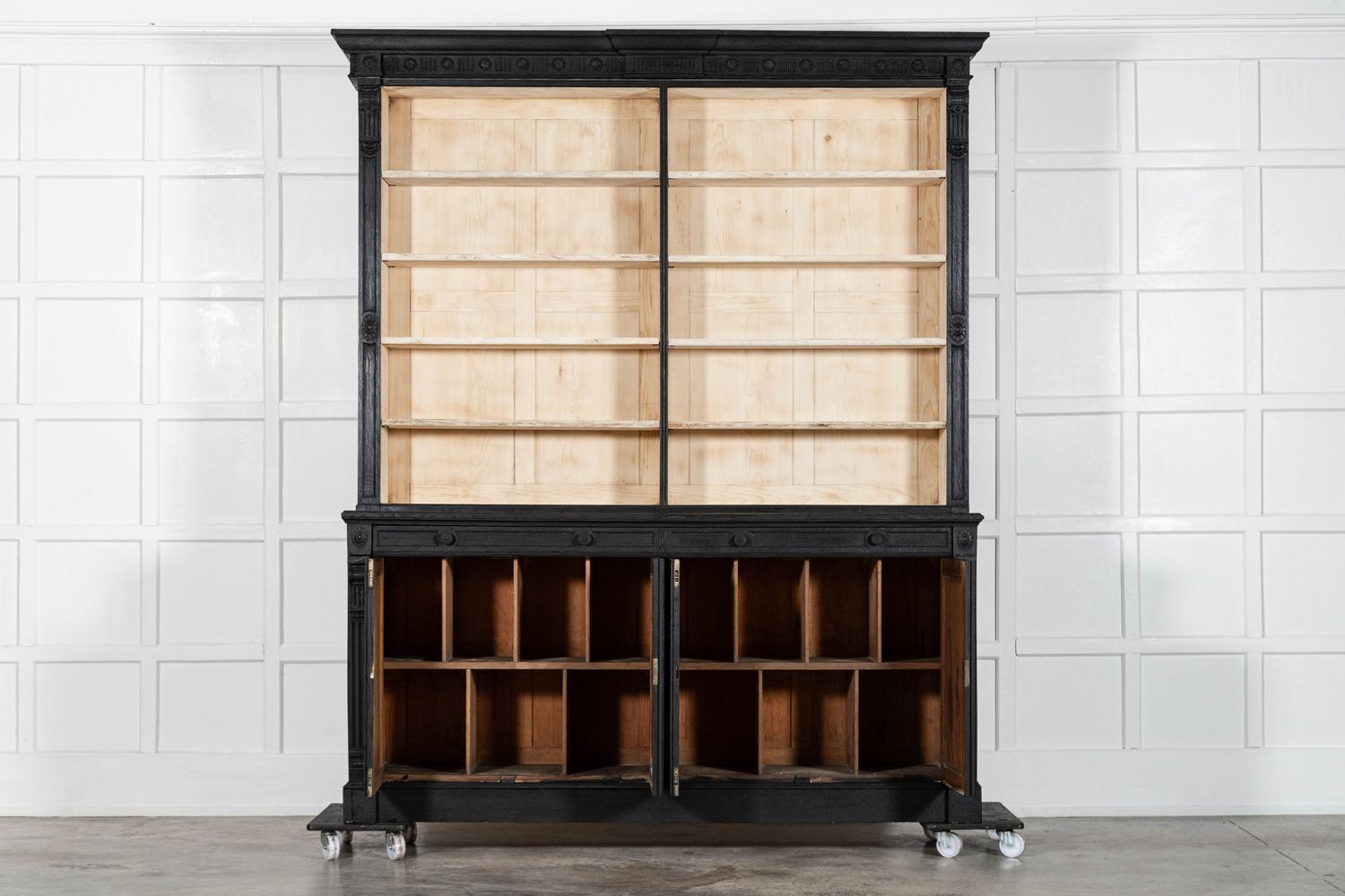 photo vinterior Pair Large 19thc English Ebonised & Bleached Carved Oak Bookcases