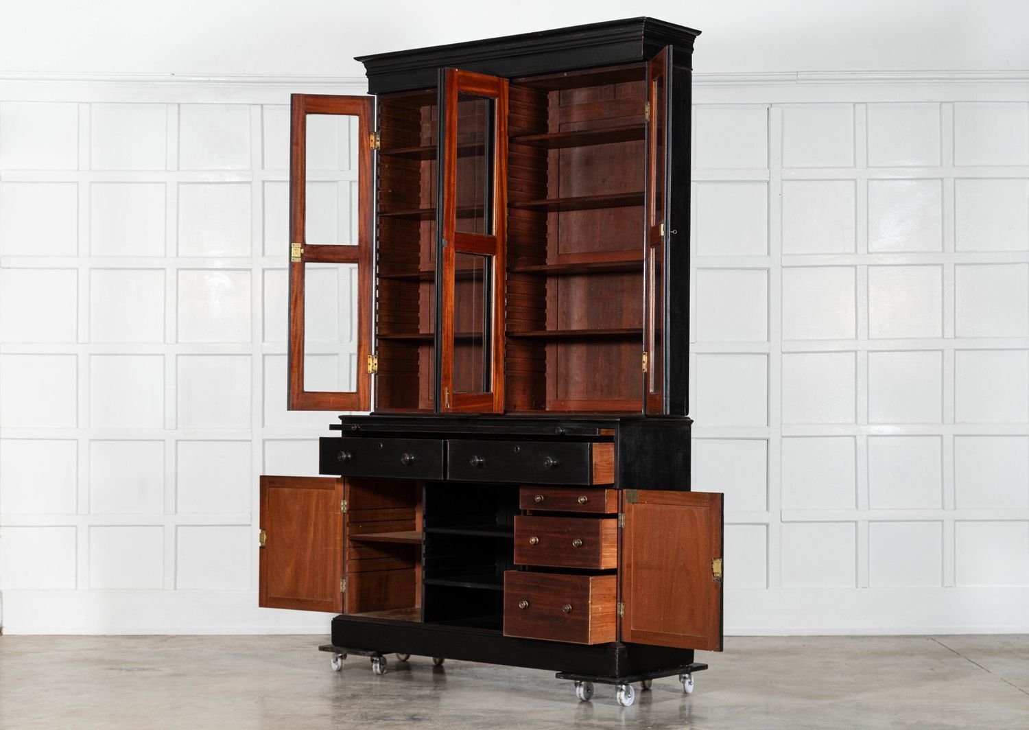 Large English 19thc Ebonised Mahogany Glazed Bookcase Secretaire photo vinterior