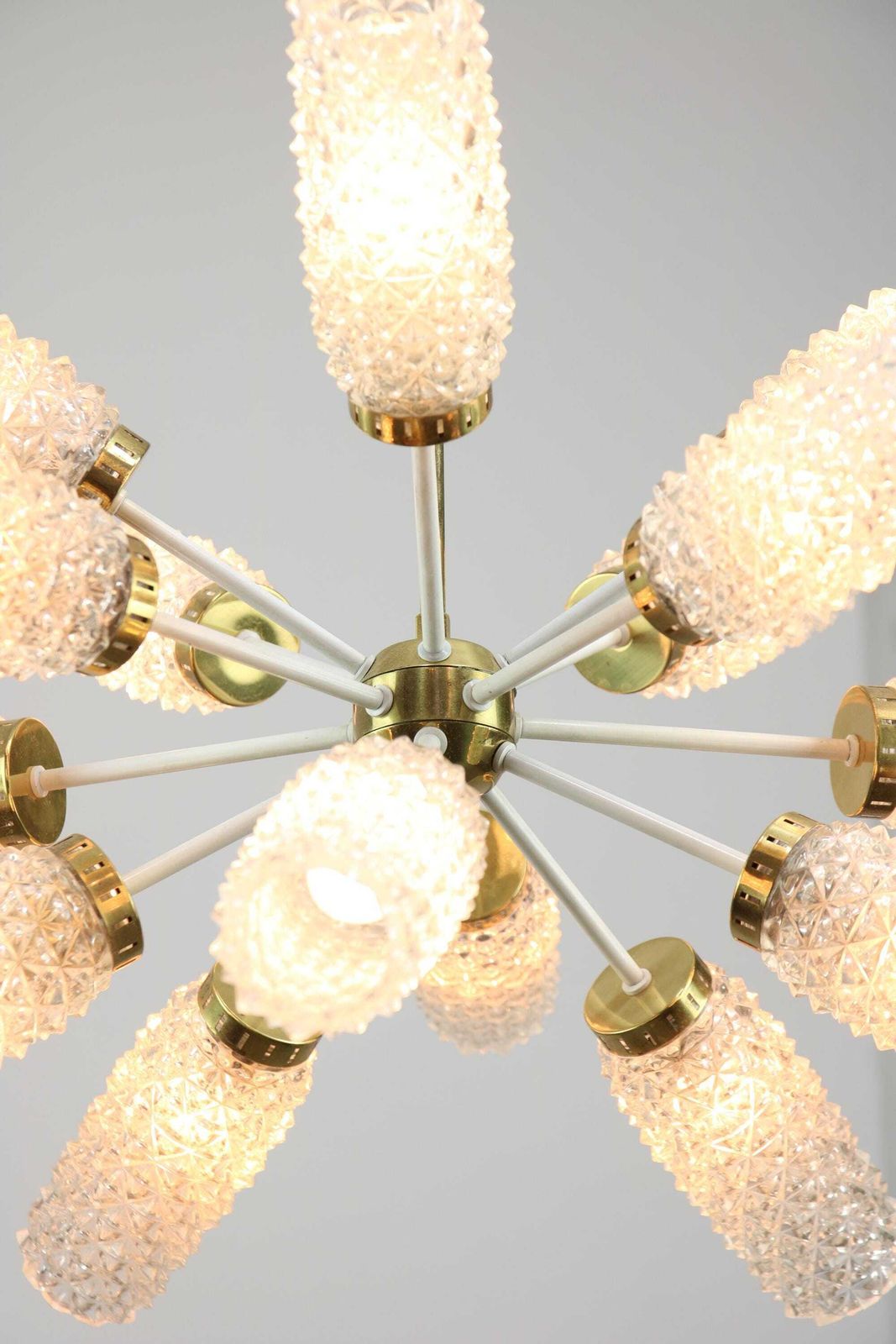 Vintage Sputnik Brass And Glass Chandelier 1970s / Mid Century Pendant Lamp With 15 Structured Glass Fixtures / Star Space Age Rare Lighting photo for sale