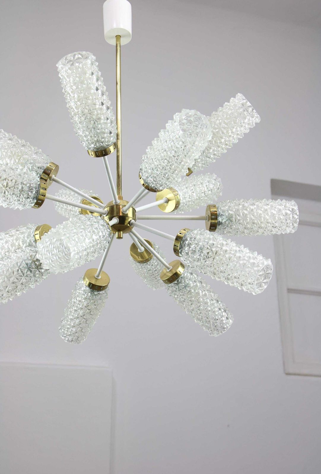Vintage Sputnik Brass And Glass Chandelier 1970s / Mid Century Pendant Lamp With 15 Structured Glass Fixtures / Star Space Age Rare Lighting photo Lighting