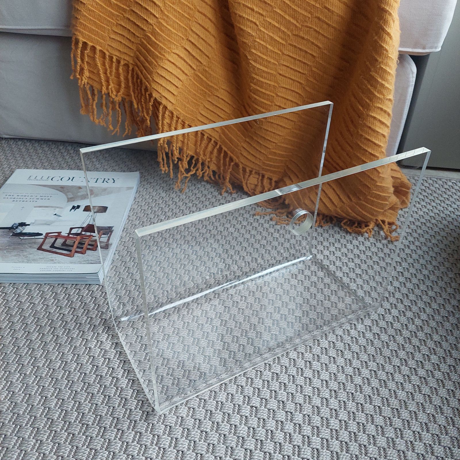 139.0 Mid Century  Lucite Acrylic Glass Magazine Rack Plexiglass Holder, 70s photo