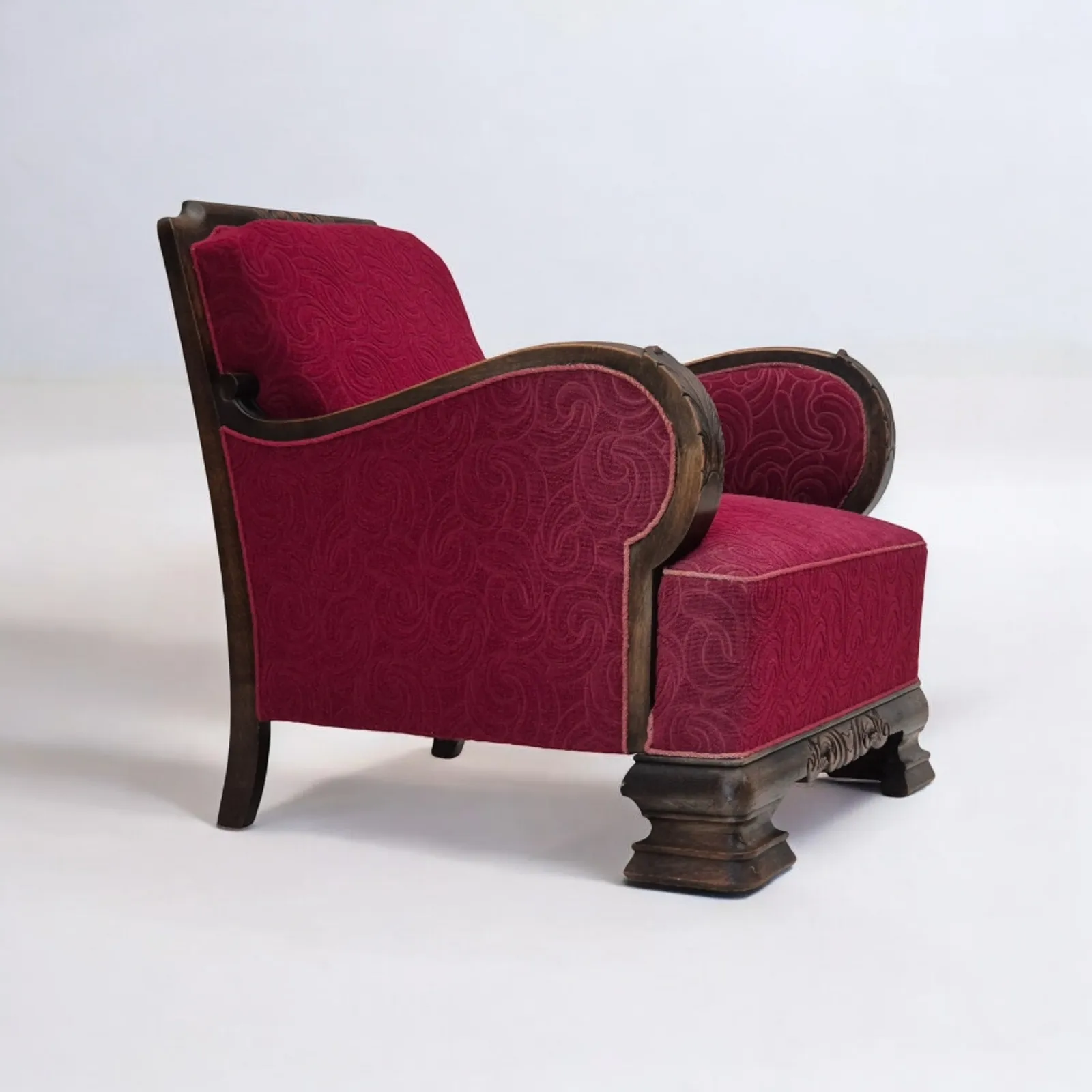Ca. Jaren 1950, Deense Vintage Fauteuil, Meubelstof, Eikenhout, Ongerestaureerde Staat.
