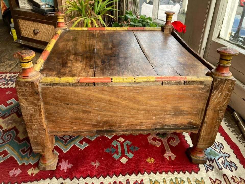 Antique Indian Bajot Puja Table, Hardwood, Original Brass And Paintwork photo for sale