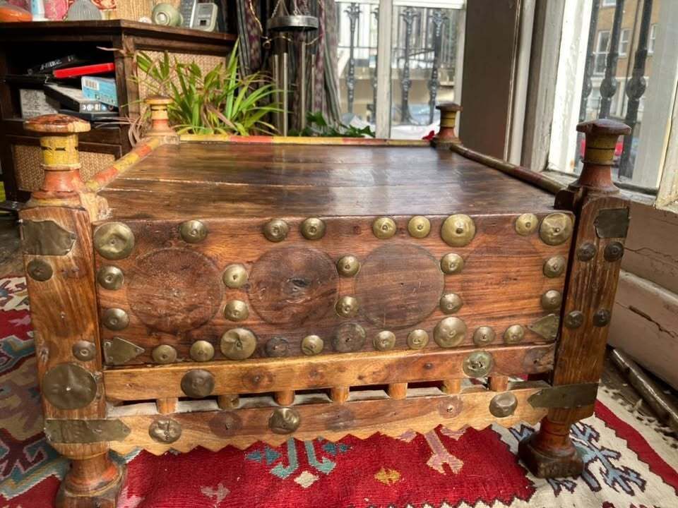Antique Indian Bajot Puja Table, Hardwood, Original Brass And Paintwork photo 125.0
