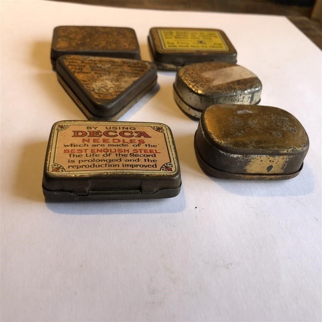 Six Antique Little Metal Gramophone Needle Tins 1920s photo furniture