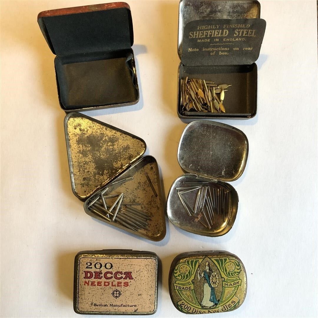 Six Antique Little Metal Gramophone Needle Tins 1920s photo Home Decor