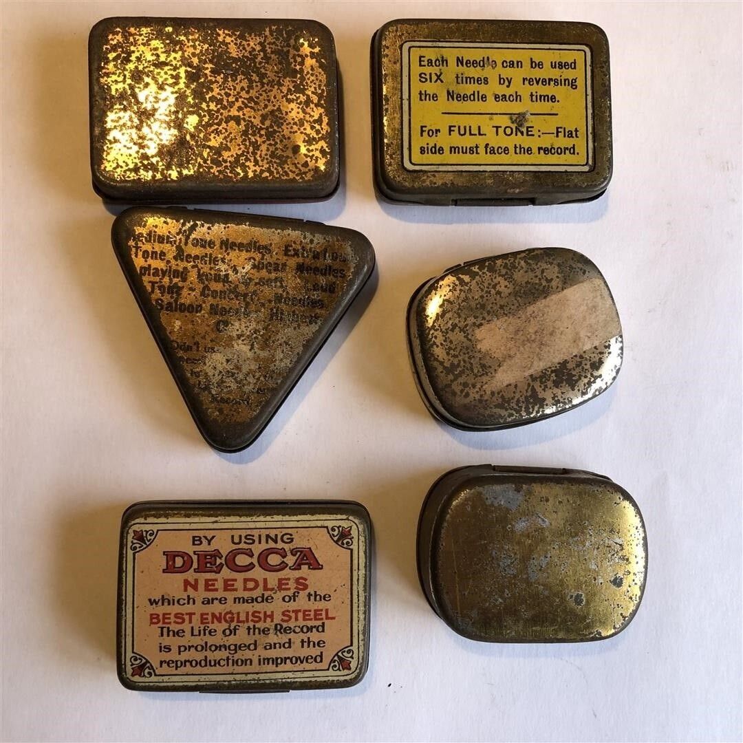 Six Antique Little Metal Gramophone Needle Tins 1920s photo buy