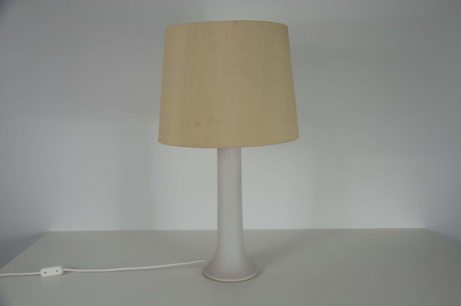 Mid Century White Glass And Fabric Shade Table Lamp By Luxus Sweden, 1960s photo for sale