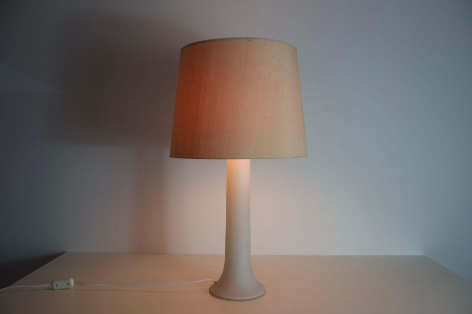 1429.0 Mid Century White Glass And Fabric Shade Table Lamp By Luxus Sweden, 1960s photo