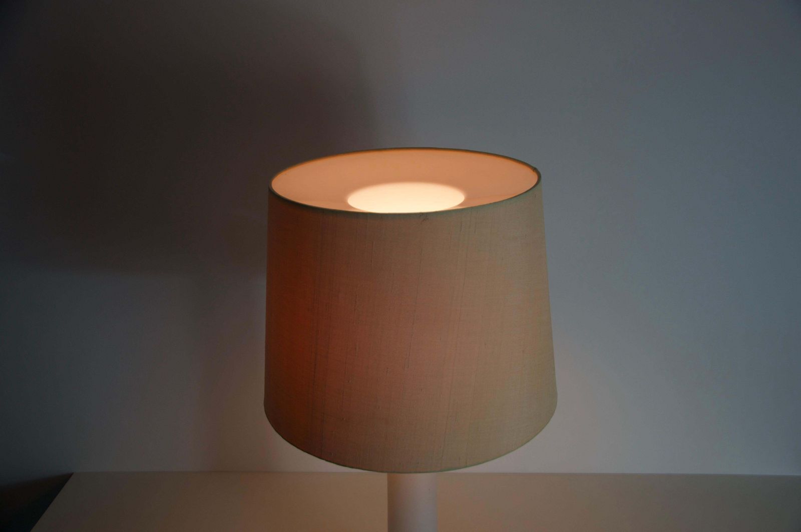 photo buy Mid Century White Glass And Fabric Shade Table Lamp By Luxus Sweden, 1960s