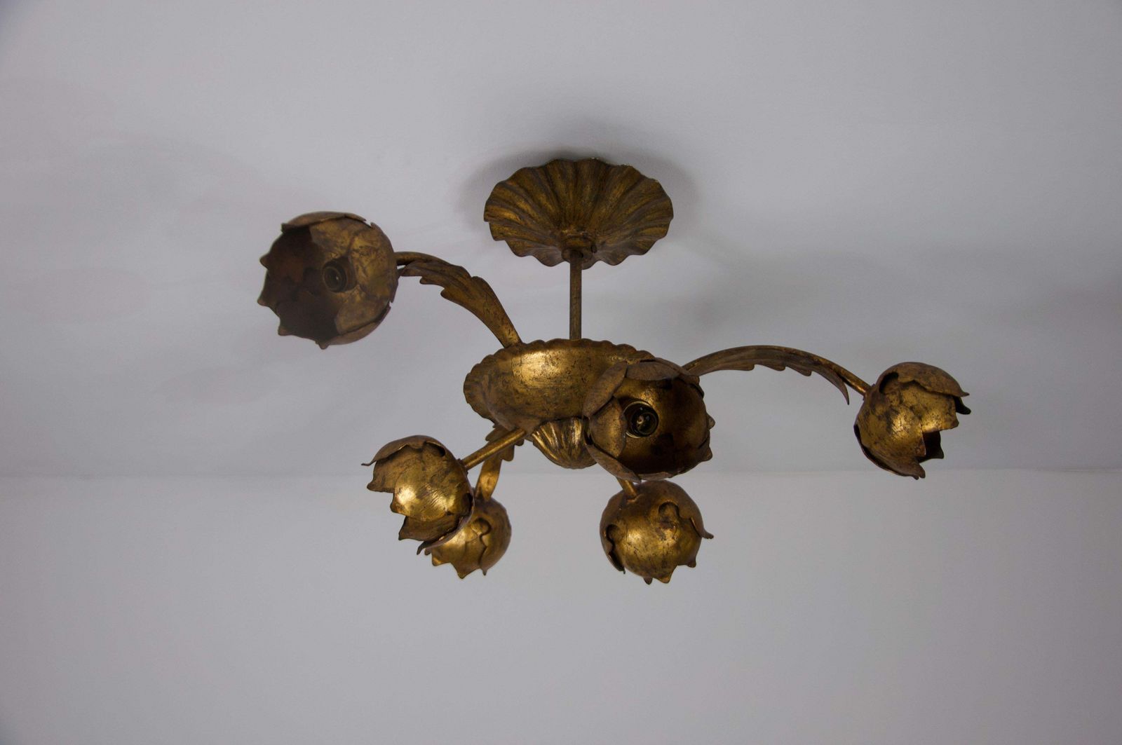 Large Golden Florentine Flower Shape Ceiling Lamp, Italy, 1970s photo Lighting