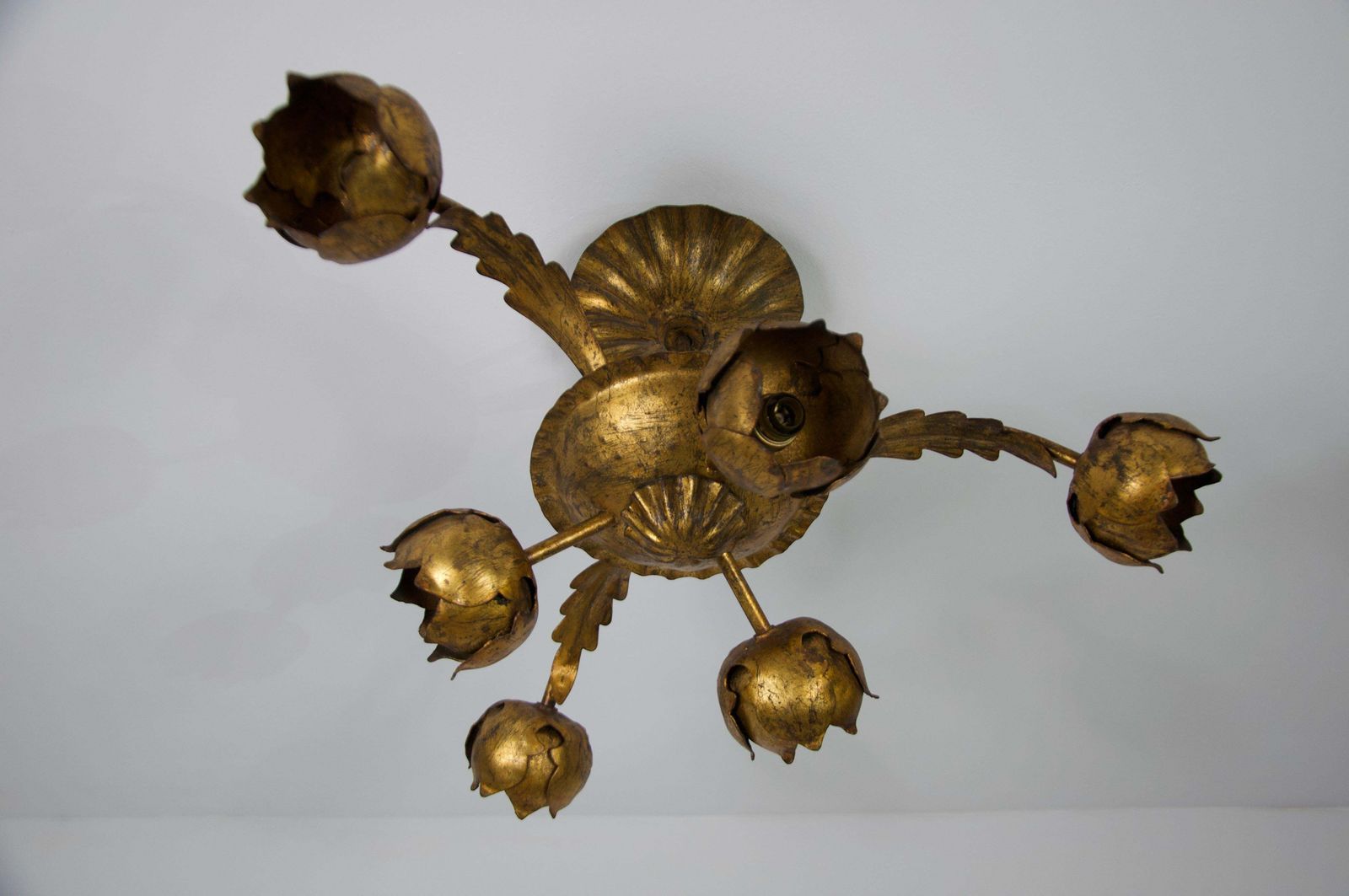 Large Golden Florentine Flower Shape Ceiling Lamp, Italy, 1970s photo 1433.0