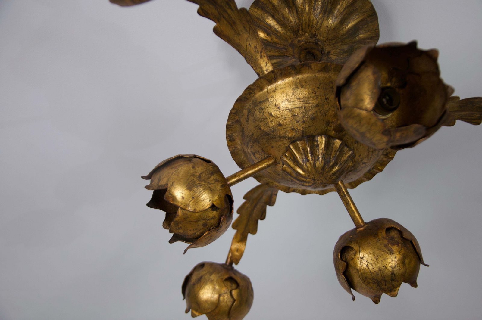 Large Golden Florentine Flower Shape Ceiling Lamp, Italy, 1970s photo vinterior