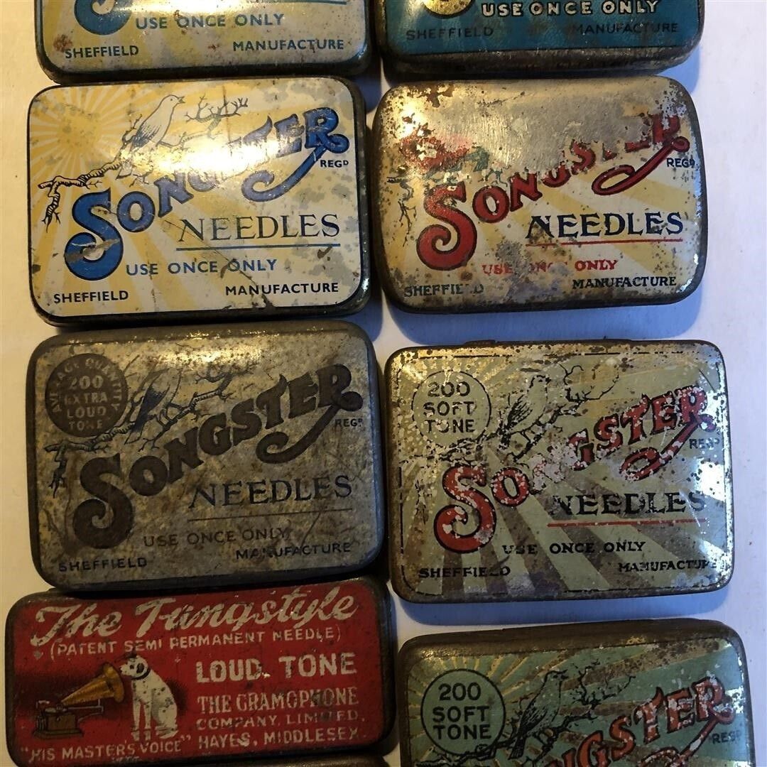 Eleven Antique Little Metal Gramophone Needle Tins Songster And Hmv photo vintage