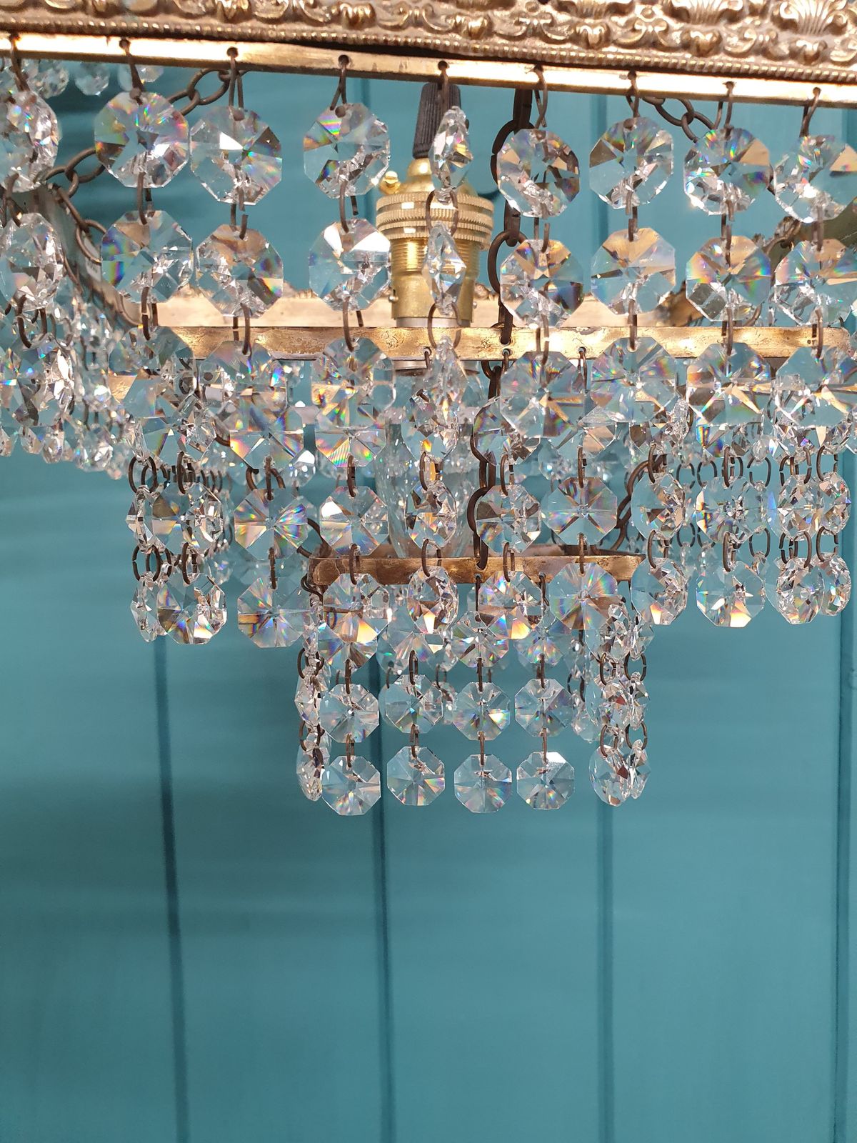 Early 20th Century Pair Of Square Chandeliers With Drips 8" photo vinterior