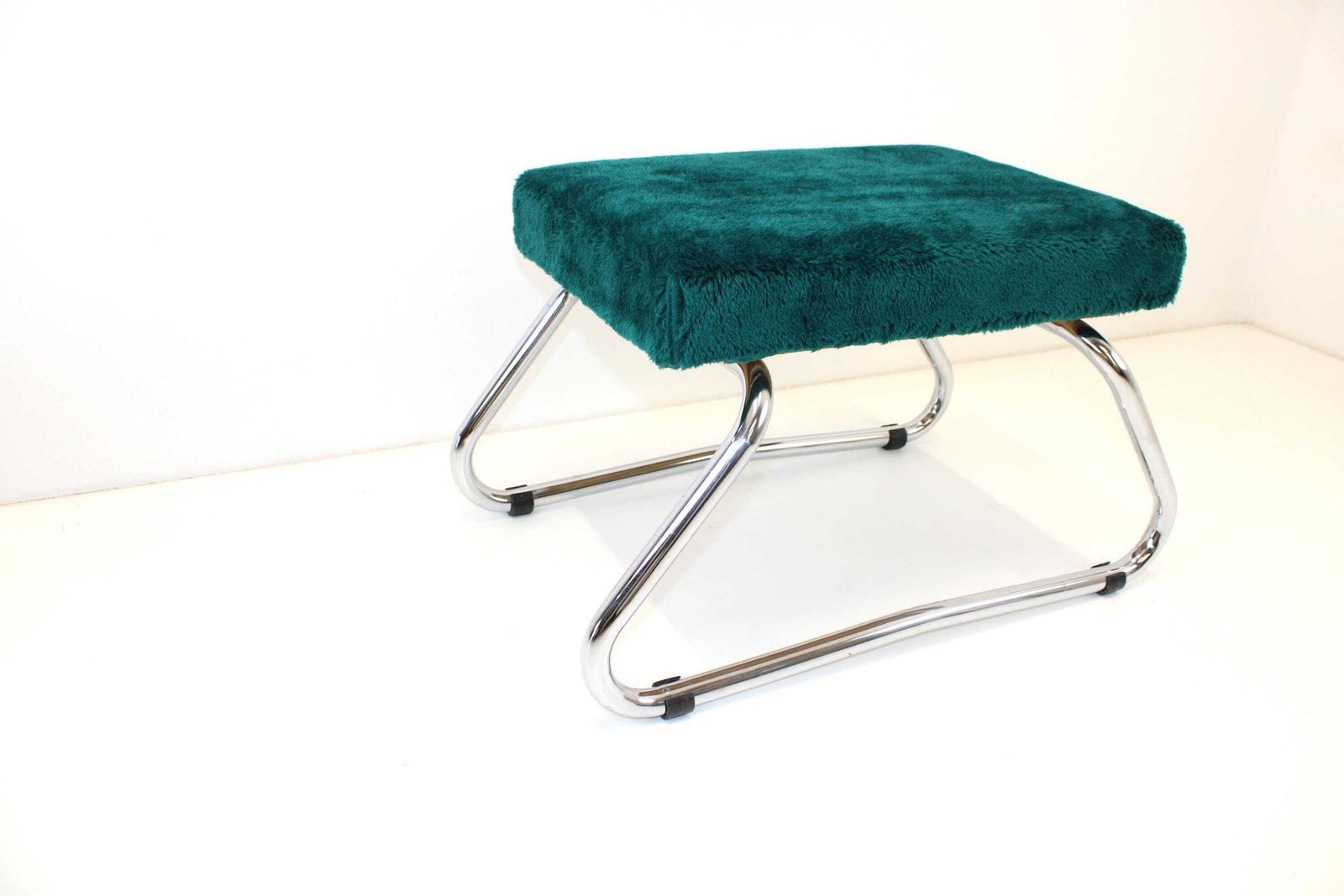 Vintage Upholsterer Chrome Stool / Footstool / Step Stool / Cushion Stool / Ottoman / Vintage Kick / Green Stool Chair 60s / Fluff Stool photo furniture