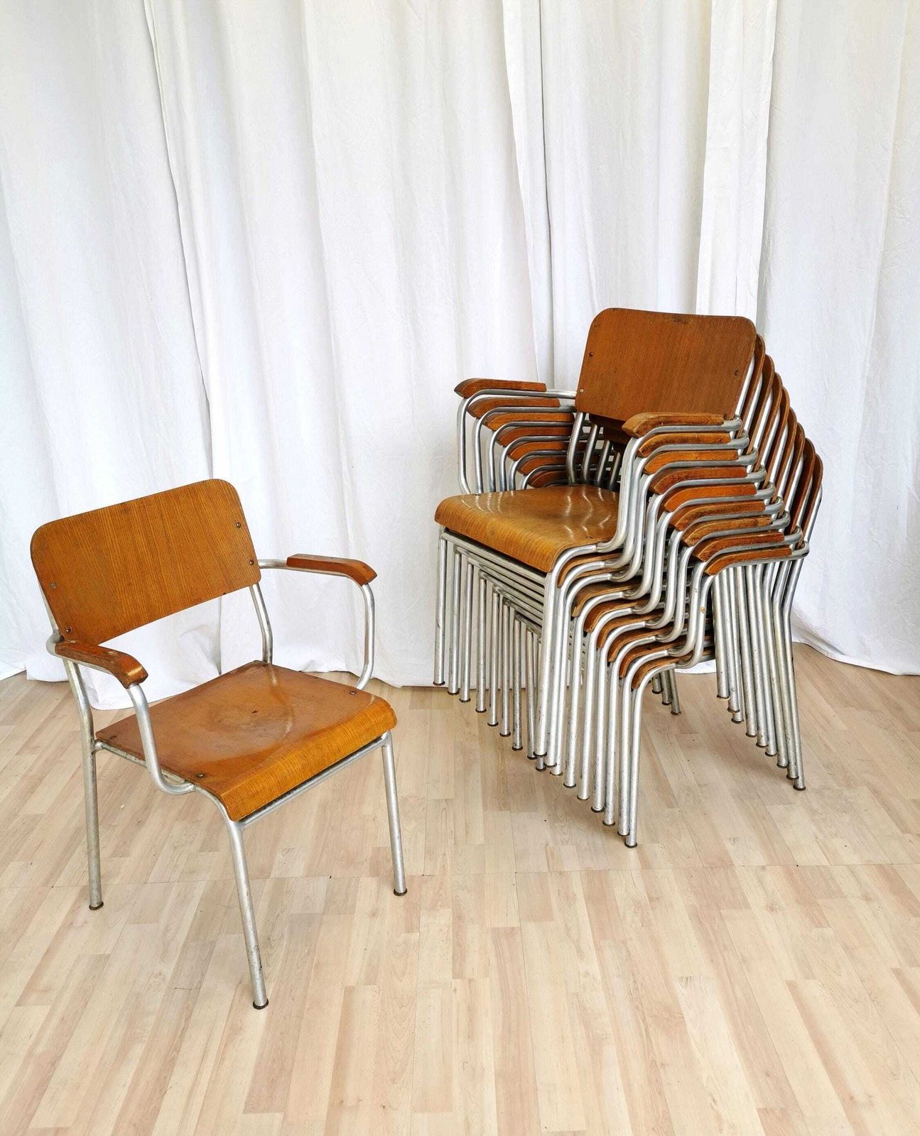 1 Of 2 Vintage Stackable Conference Chairs / Made By Alpos 1970s Yugoslavia / Aluminium And Plywood Armchairs