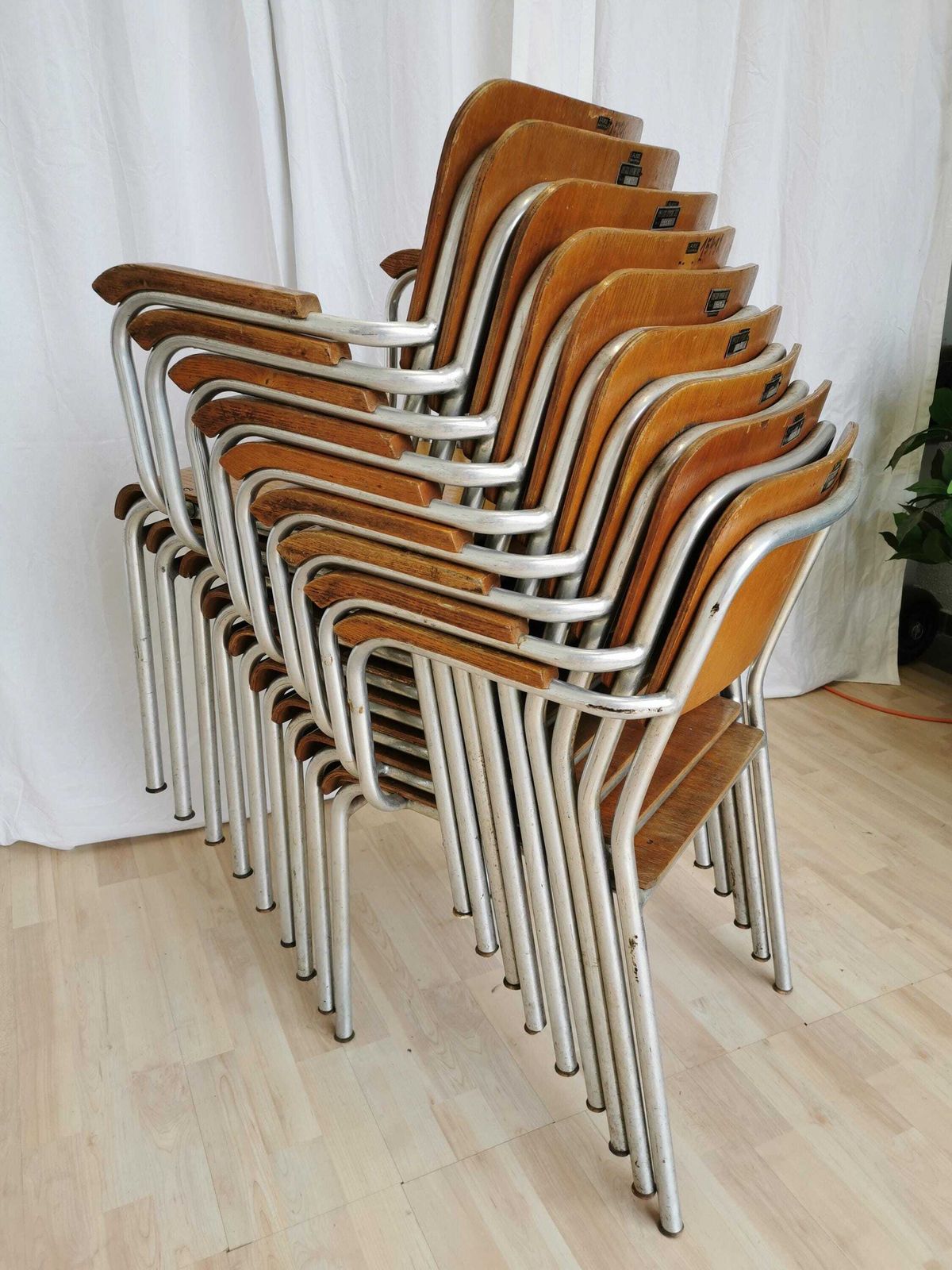 1 Of 2 Vintage Stackable Conference Chairs / Made By Alpos 1970s Yugoslavia / Aluminium And Plywood Armchairs photo furniture