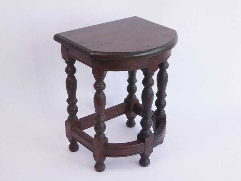 Antique Wooden Bobbin Half Moon Side Table, Carved Plant Stand Table, Farmhouse Decor photo furniture