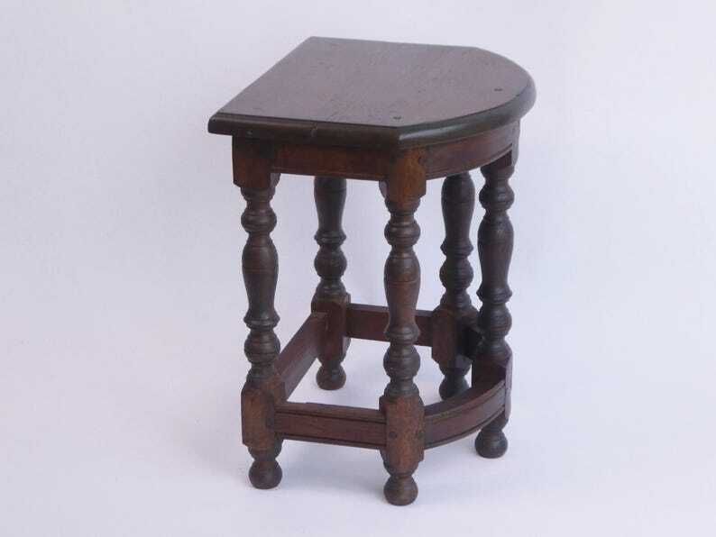 Antique Wooden Bobbin Half Moon Side Table, Carved Plant Stand Table, Farmhouse Decor photo for sale