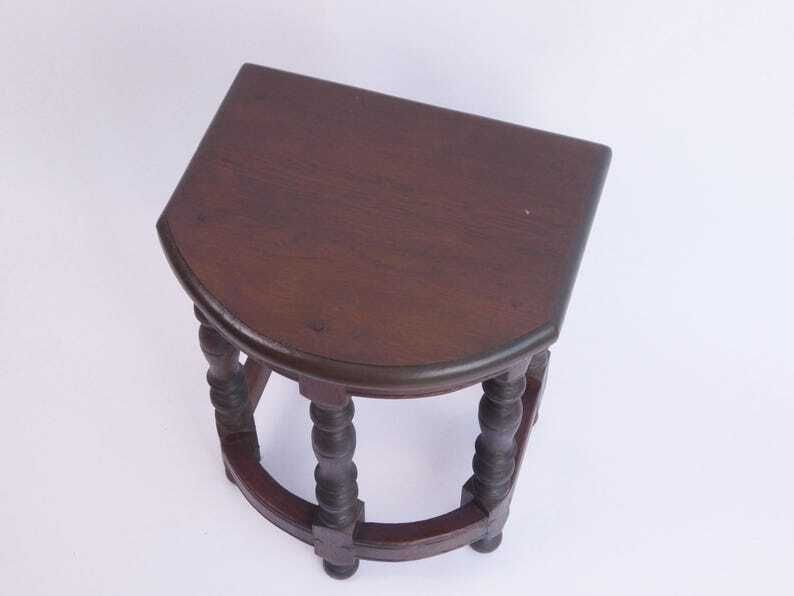 Antique Wooden Bobbin Half Moon Side Table, Carved Plant Stand Table, Farmhouse Decor photo vintage