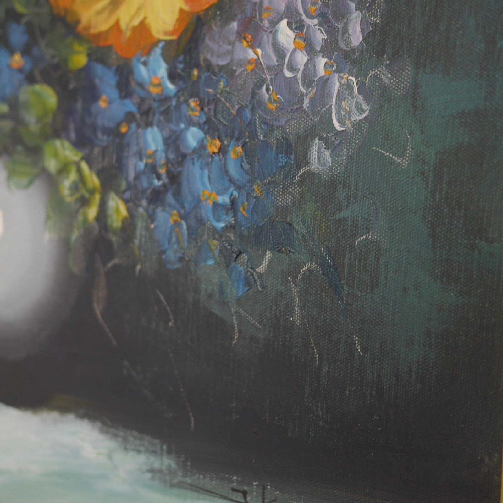 Vintage Original Oil Painting Blue Orange Flowers Delphiniums Signed #102786 photo vintage