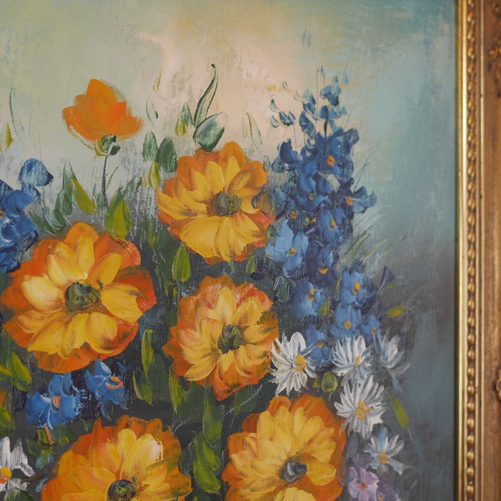 photo for sale Vintage Original Oil Painting Blue Orange Flowers Delphiniums Signed #102786