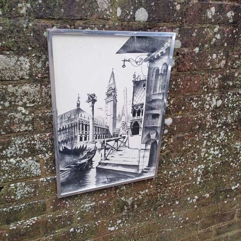 Retro Drawing Of Venice, Italy In Chrome Retro Frame   Ink And Charcoal, Signed, Drawing Of St Marks Campanile, With Gondola And Canal photo vinterior