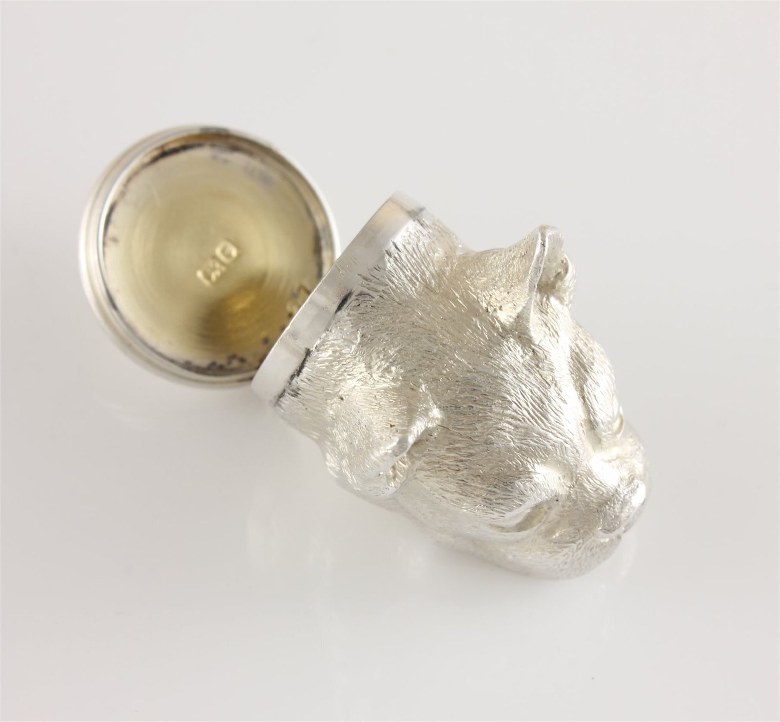 photo for sale Silver French Bulldog Pill Box. Novelty Dog Snuff Box. W Comyns 1971.